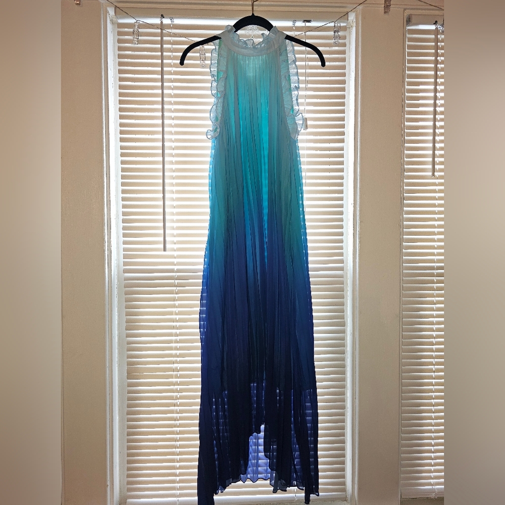 Brand New Never Worn. SHEIN Ombre Blue to Teal High Low Pleated Maxi Dress